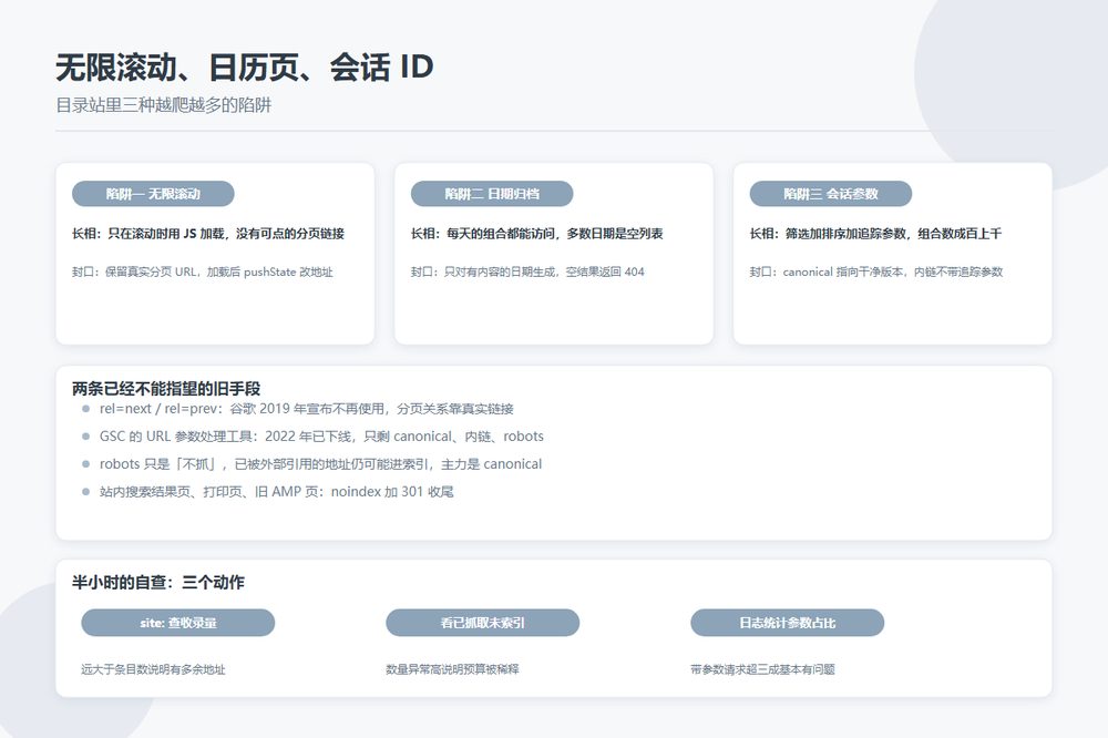 目录站三种爬虫陷阱与封口办法示意图