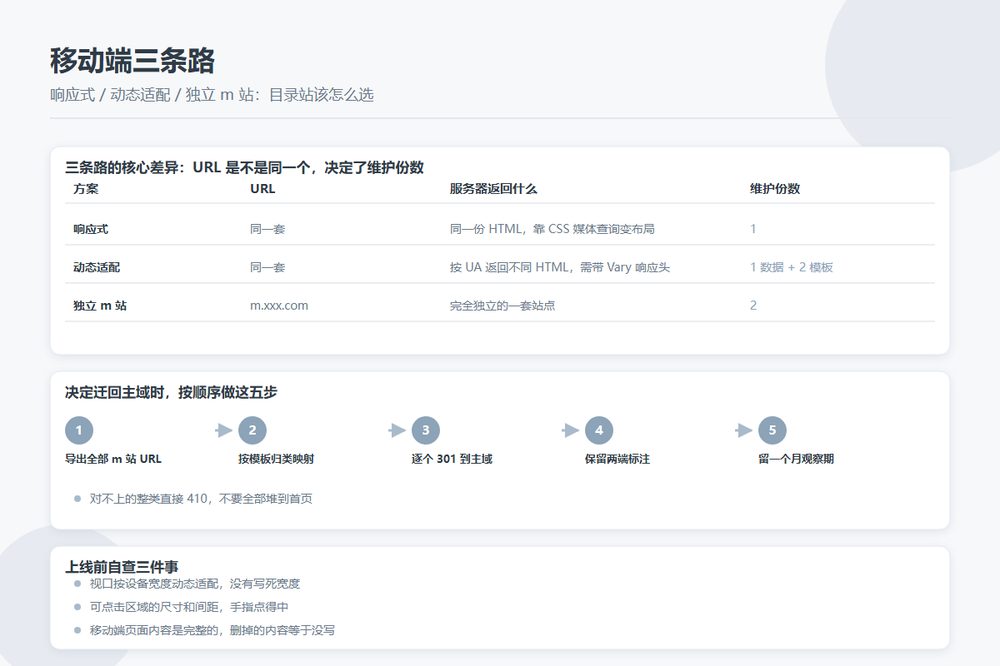 独立 m 站、动态适配与响应式三条移动端技术路线对比