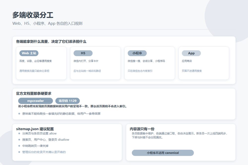 目录站在 Web、H5、小程序、App 多端的收录分工