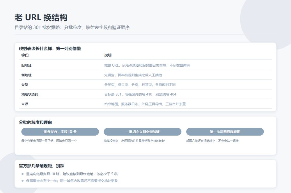 目录站批量更换 URL 结构时的 301 分批策略与映射表落地步骤