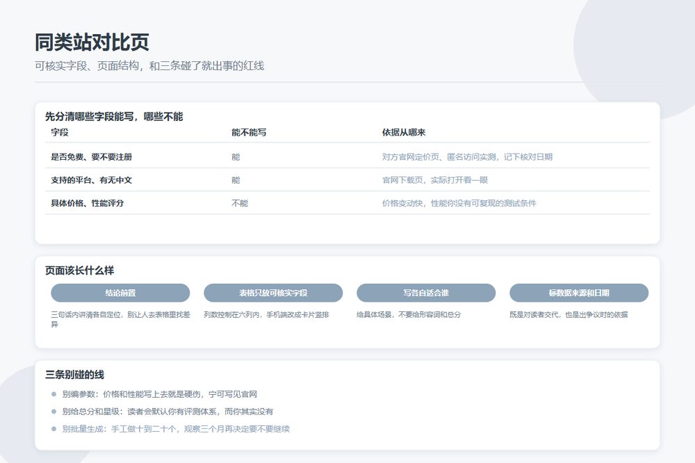 目录站同类站对比页的结构、可核实字段与三条不能碰的红线