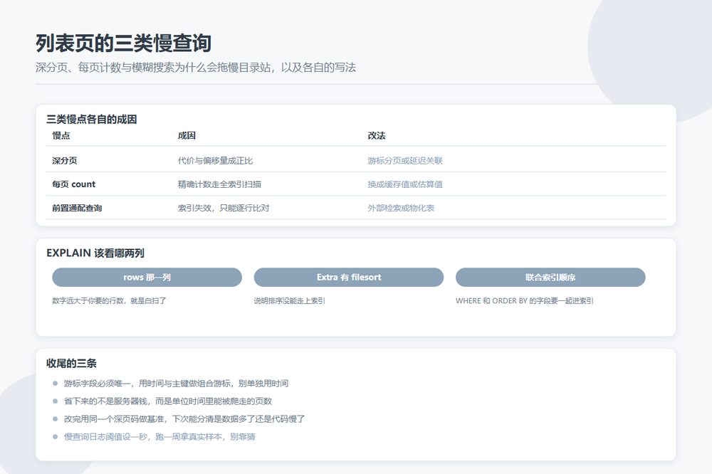 目录站列表页三类慢查询的诊断与改法