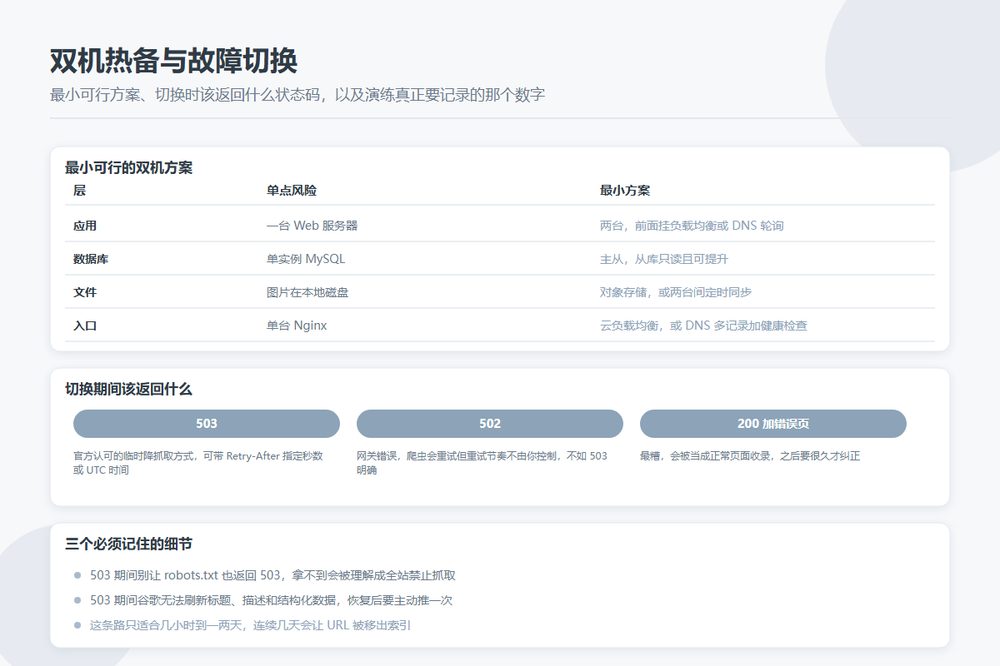 一台机器挂了整站就 502：目录站的双机热备和故障切换，以及切换那几分钟爬虫会看到什么