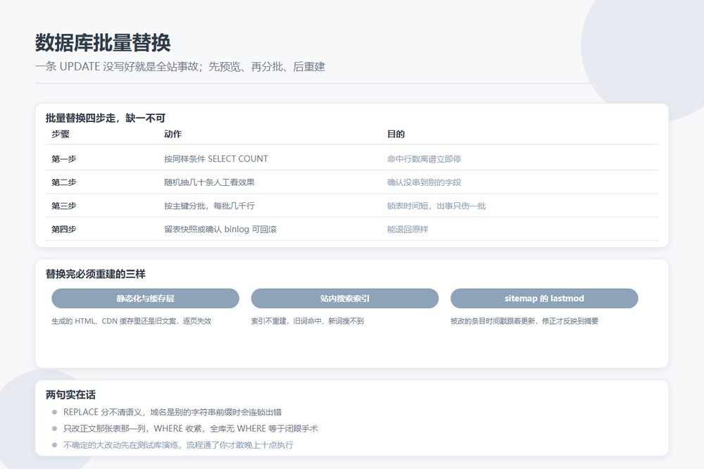 数据库批量替换是高危操作：目录站改文案、换域名的安全流程