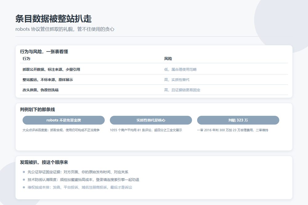条目数据被竞品整站扒走：识别、防采集的限度，和不正当竞争那条线