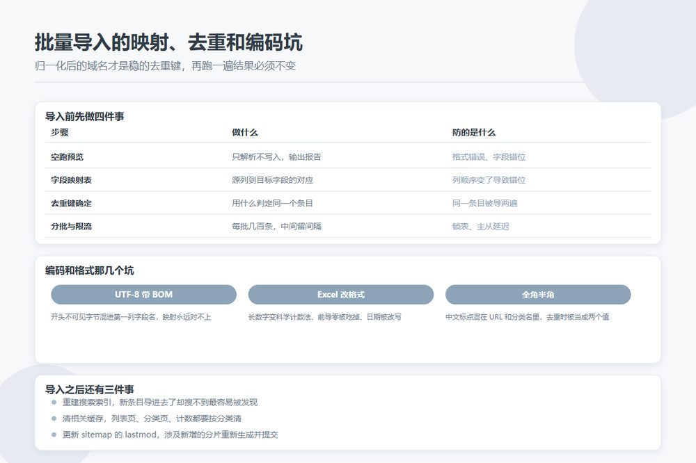 目录站批量导入的字段映射与幂等校验
