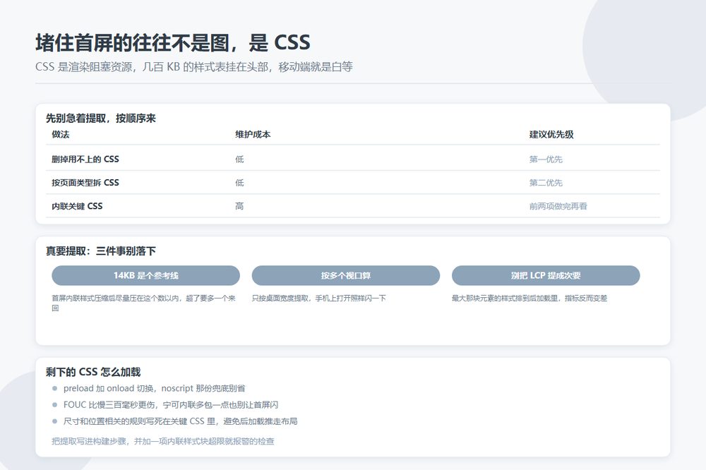 首屏那几秒不是图慢，是 CSS 堵住了：目录站的关键 CSS 该怎么拎出来