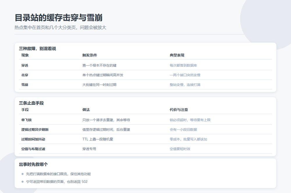 目录站缓存击穿雪崩与三条止血手段