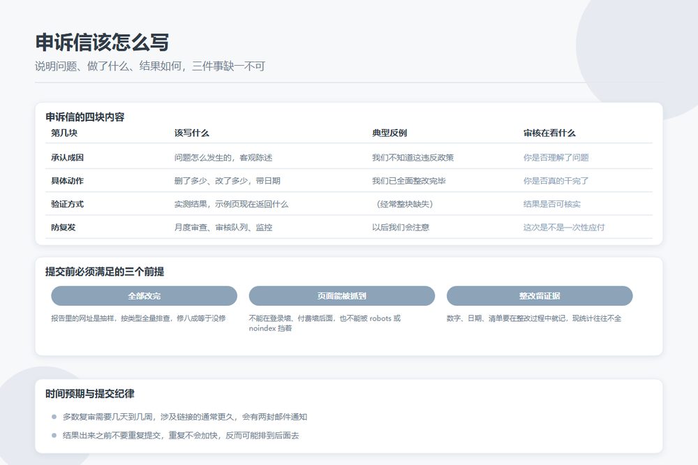 人工处置申诉信的结构与常见驳回原因示意图