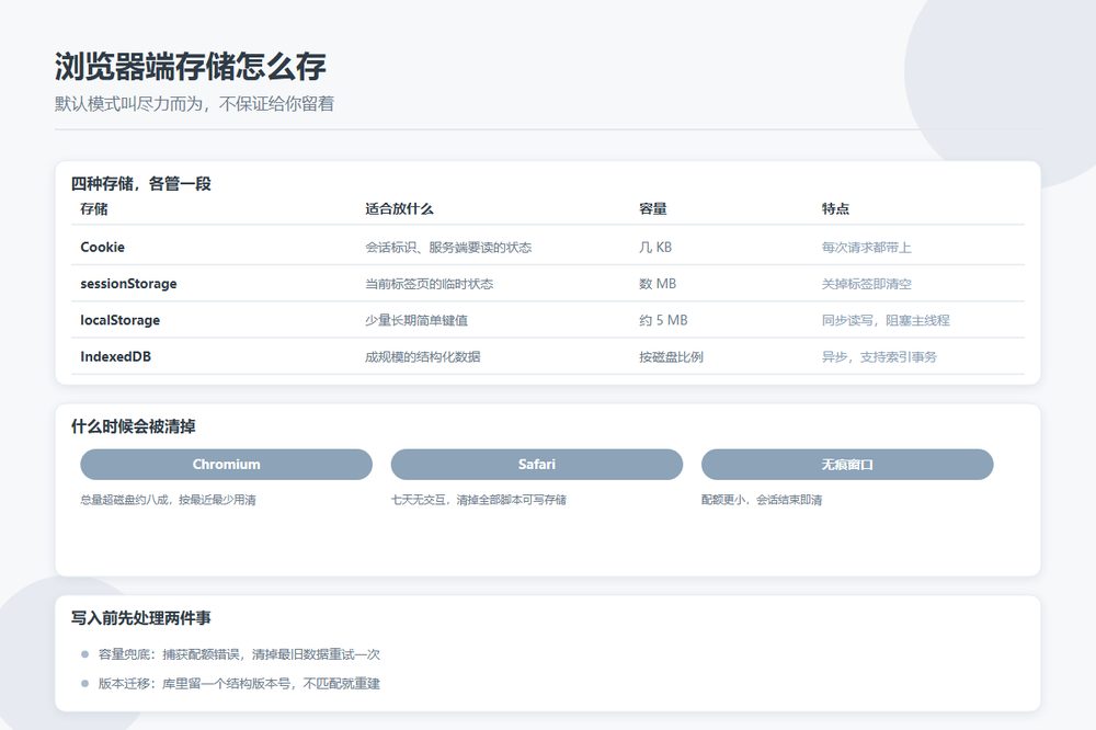 存在用户浏览器里的那些东西：目录站的 localStorage、IndexedDB 和 Cookie 该存多少