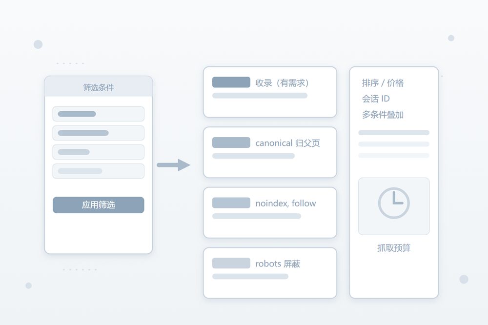 目录站筛选页与排序页的四种收录处理方式示意