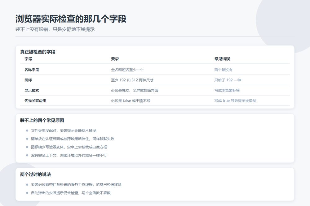 让目录站能被添加到主屏：manifest 里真正被检查的字段