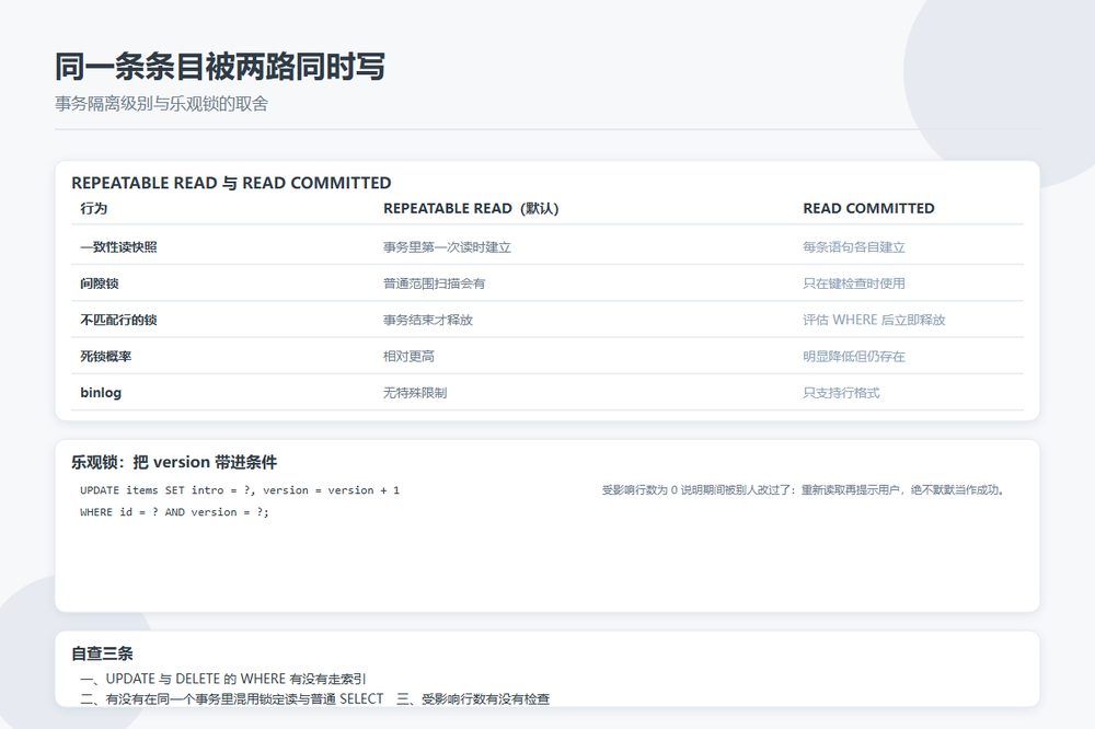 两个人同时改一条条目：事务隔离级别、乐观锁，和目录站的并发写入