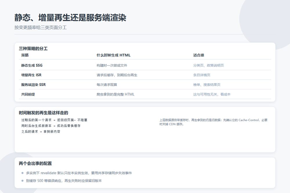 SSG、ISR 与 SSR 三种渲染策略的新鲜度与成本对照