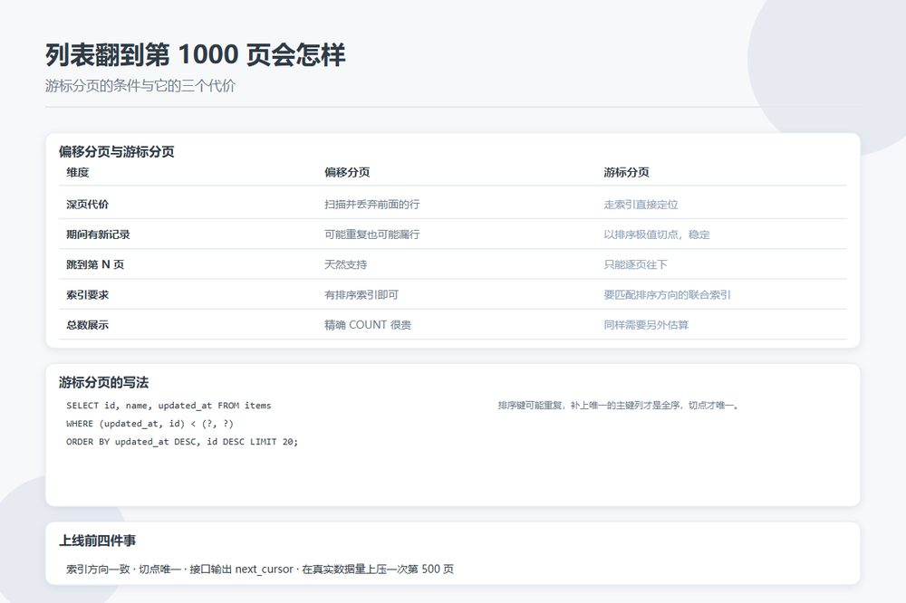 列表翻到第 1000 页会怎样：游标分页、排序稳定，和深分页的三个替代