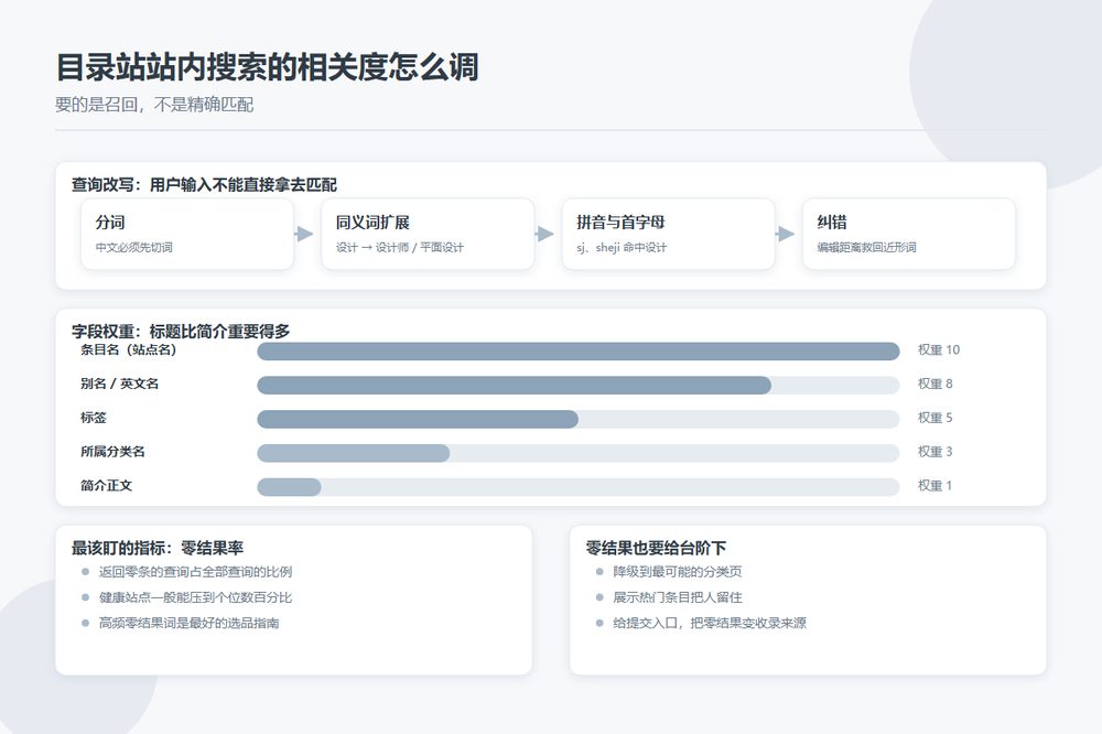 目录站站内搜索的查询改写与排序流程示意