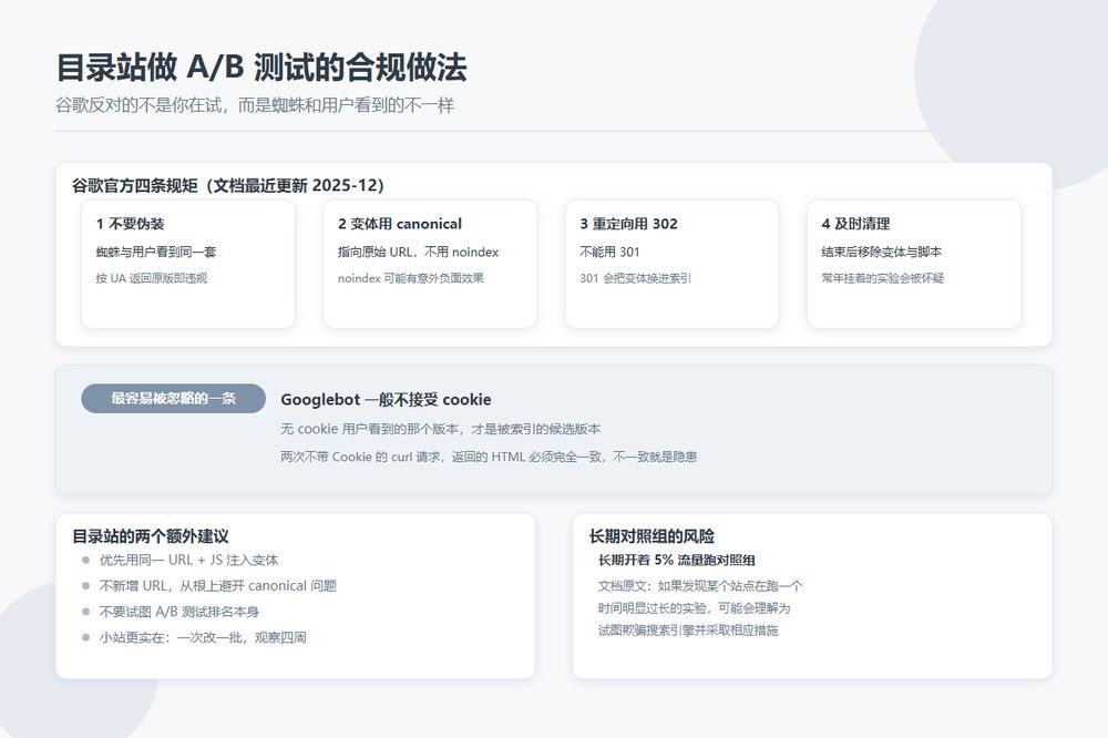 目录站 A/B 测试的四种合规做法与红线示意