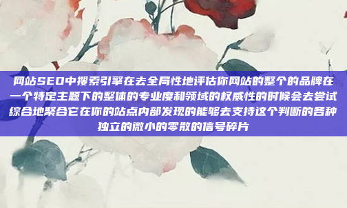 网站SEO中搜索引擎在去全局性地评估你网站的整个的品牌在一个特定主题下的整体的专业度和领域的权威性的时候会去尝试综合地聚合它在你的站点内部发现的能够去支持这个判断的各种独立的微小的零散的信号碎片